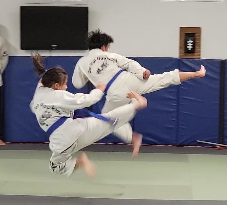 Students performing jumping side kick